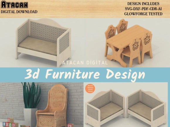 3D Furniture Bundle and DollHouse Miniature Designs for Precision Laser Fabrication
